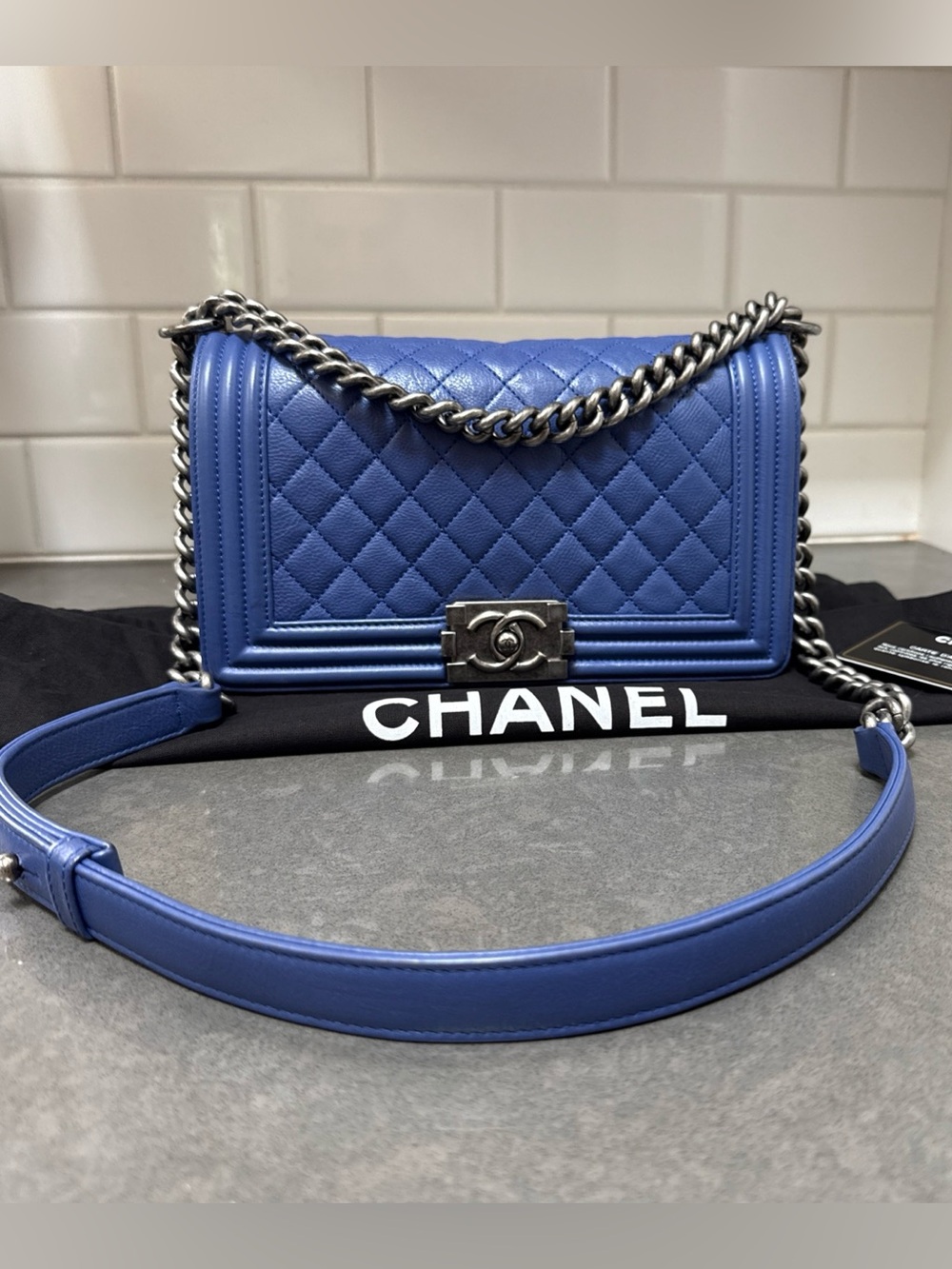 CHANEL BOY Bag Royal Blue Quilted Size Medium Calfskin Gunmetal Hardware
